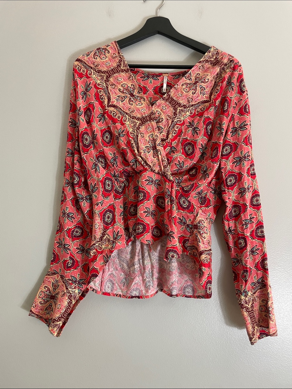 Free People Blouse Rayon Floral Medallion Twist Front Small Boho Top